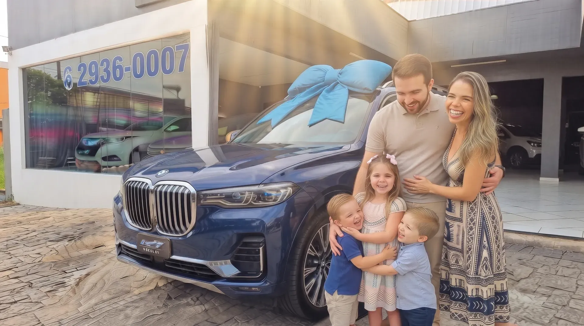 Família sorridente ao lado do carro recém-comprado, em frente à loja Celestial Veículos